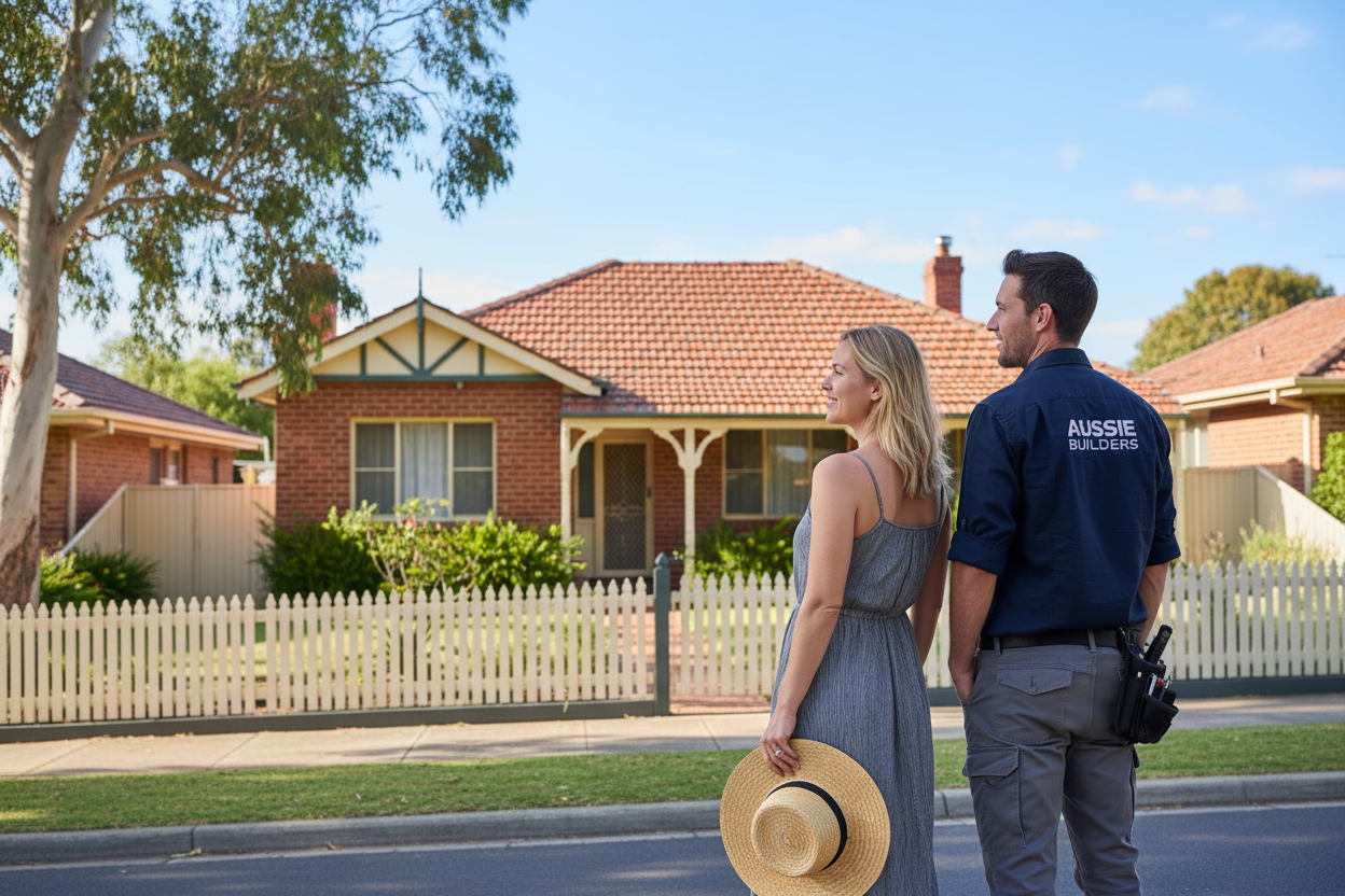 An aussie lady is looking back at her aussie house with another man who is a trademans but dressed smart