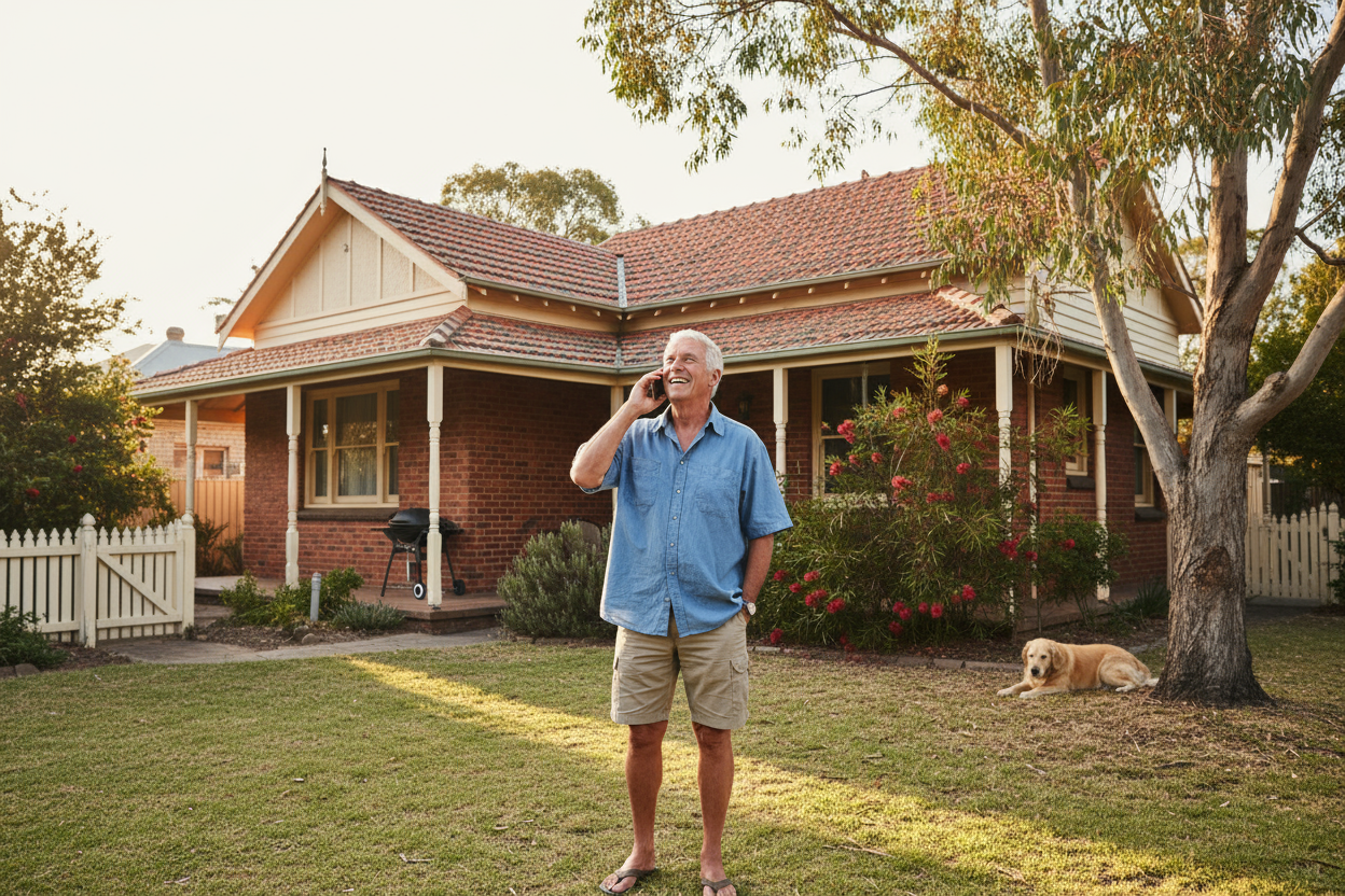 Happy old aussie man on the phone at home in his back yard looking up at his aussie house